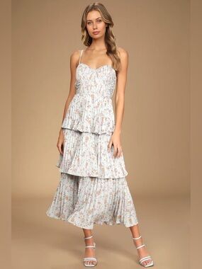 Cascading Crush Pale Blue Floral Print Tiered Bustier Midi Dress
